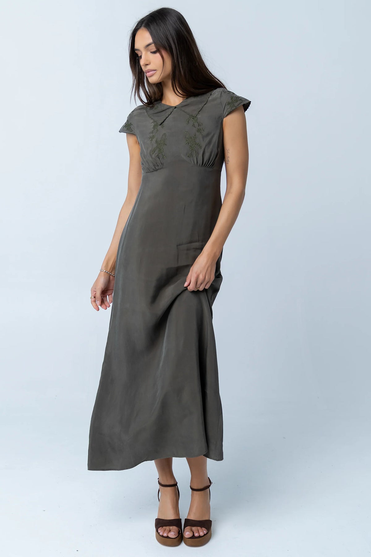 Tammy Embroidered Maxi Dress in Olive