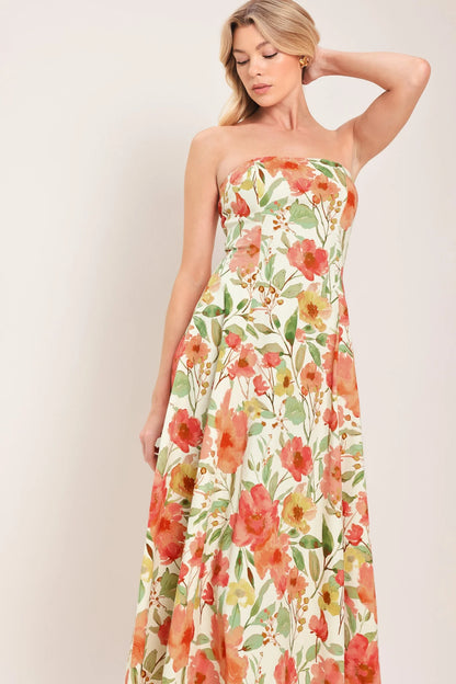 FLORAL DAYDREAM STRAPLESS MIDI DRESS