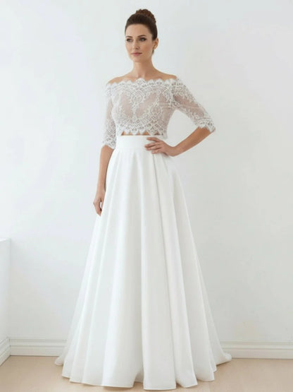 Off The Shoulder Lace A Line Satin Two Piece Wedding Dress With Sweep Train
