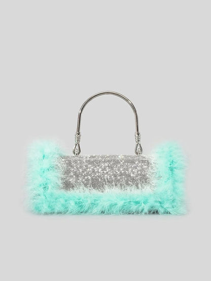 Womens Furry Rhionestones Evening Clutch Bags
