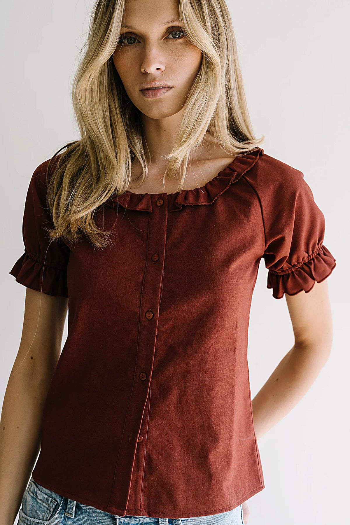 Connie Ruffle Blouse in Rust FINAL SALE